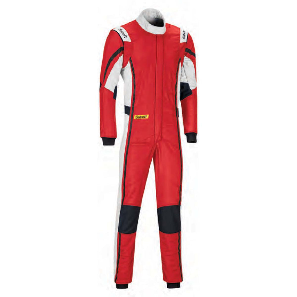 Red racing suit with white shoulder panels, black inserts, red/white piping, full zip