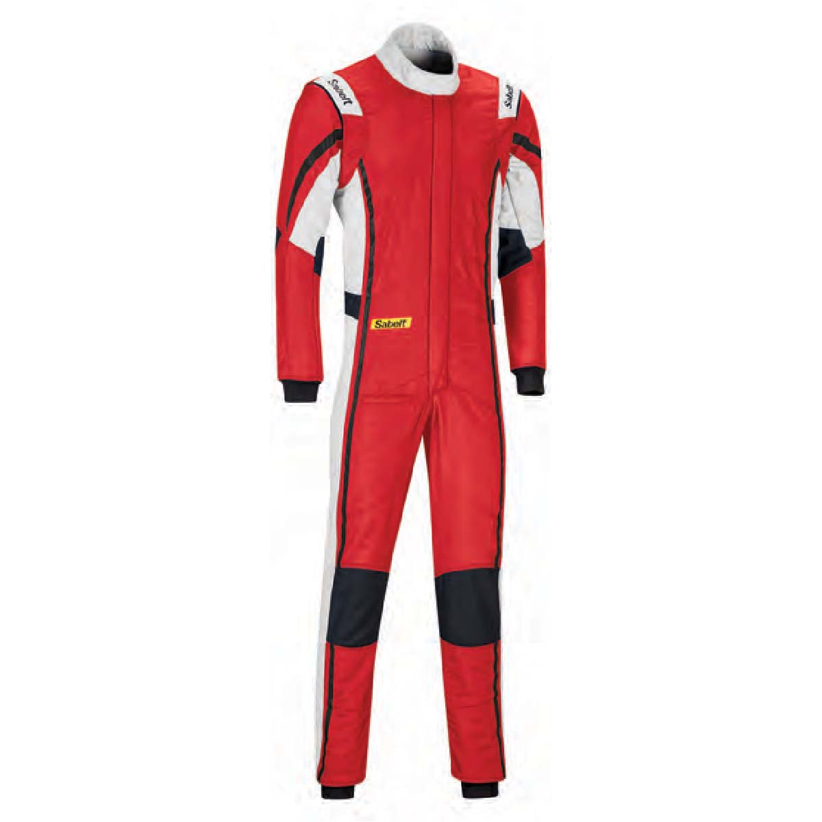 Red racing suit with white shoulder panels, black inserts, red/white piping, full zip