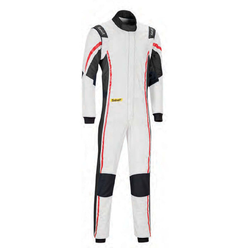White racing suit with black sleeves and red piping, full-length zip front