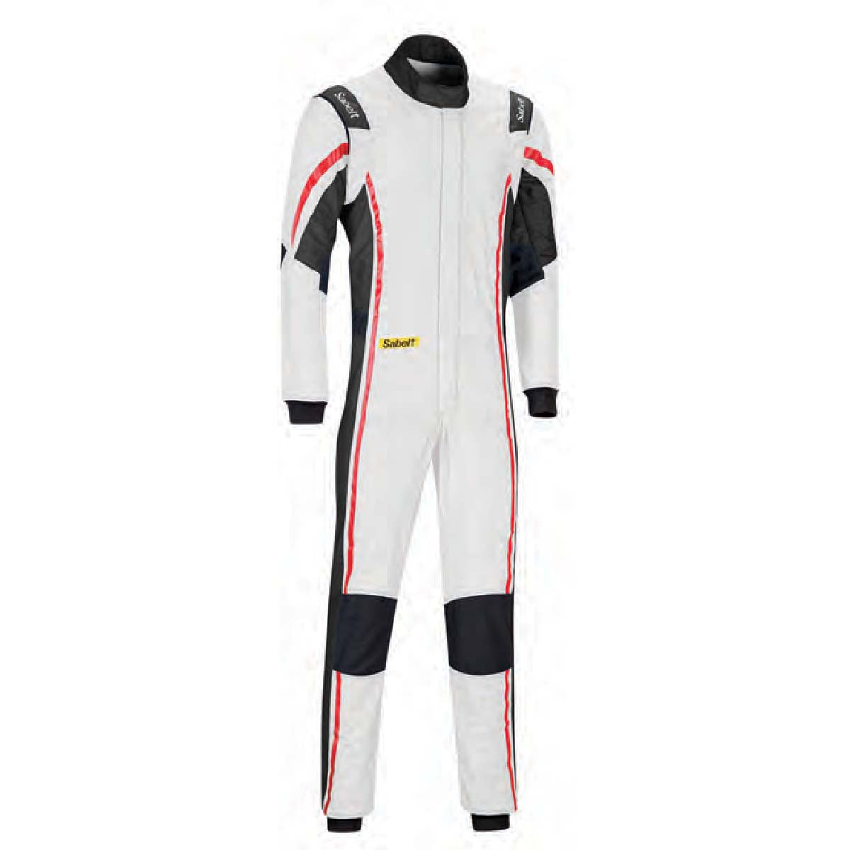 White racing suit with black sleeves and red piping, full-length zip front