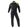 Black racing suit with full-zip front, stand collar, long sleeves and matching pants.