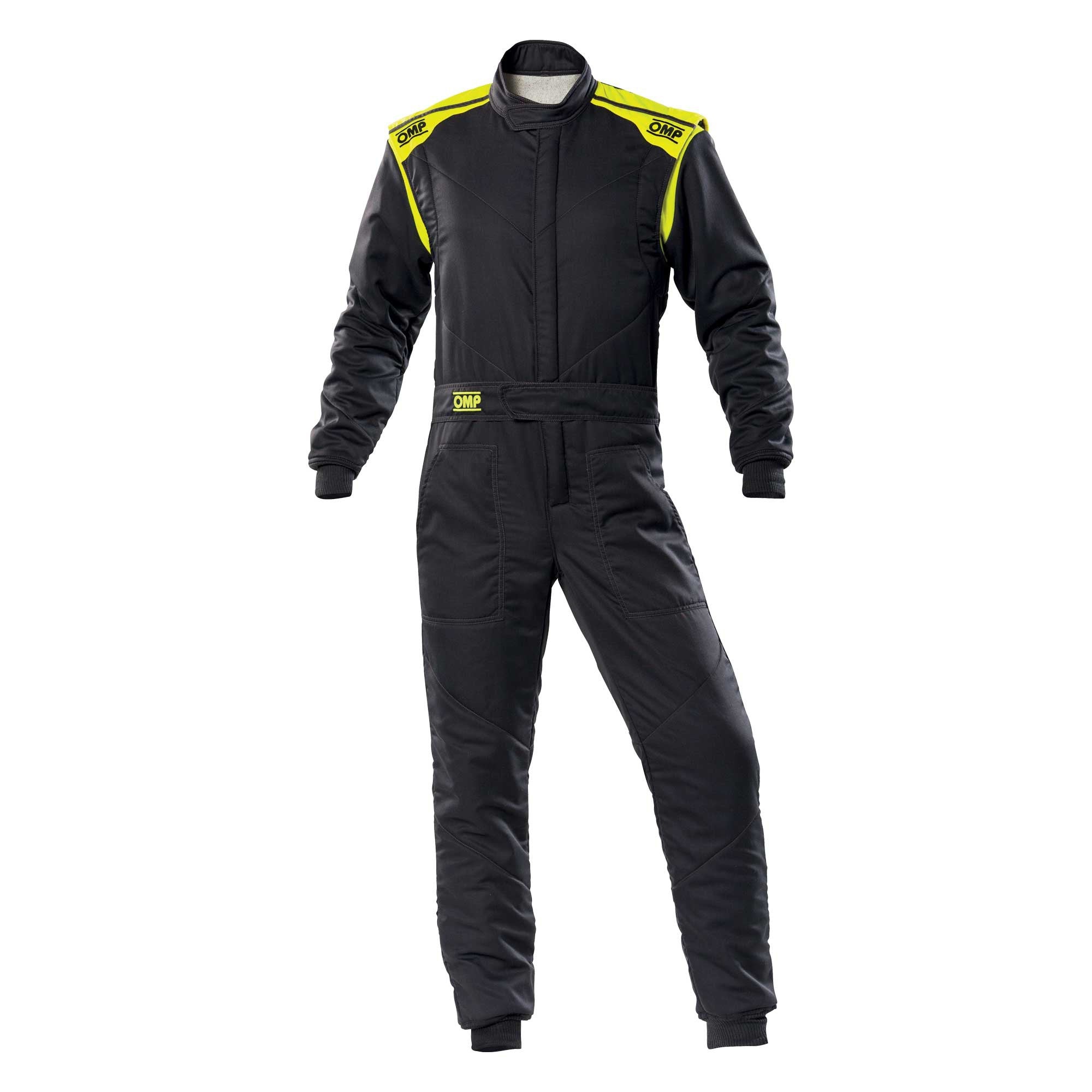 Black racing suit with full-zip front, stand collar, long sleeves and matching pants.