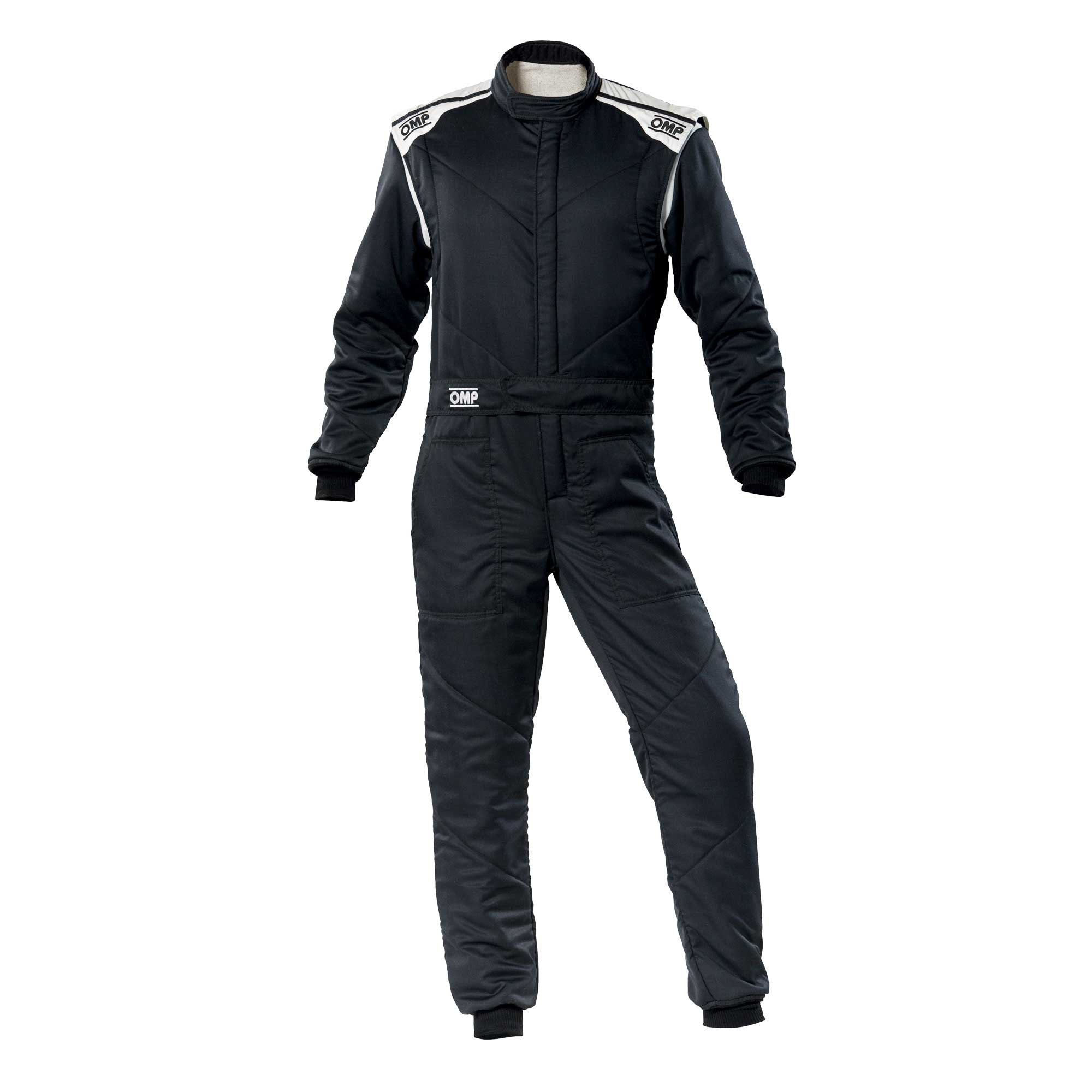 Black racing suit with full-zip front, stand collar, long sleeves and matching pants.