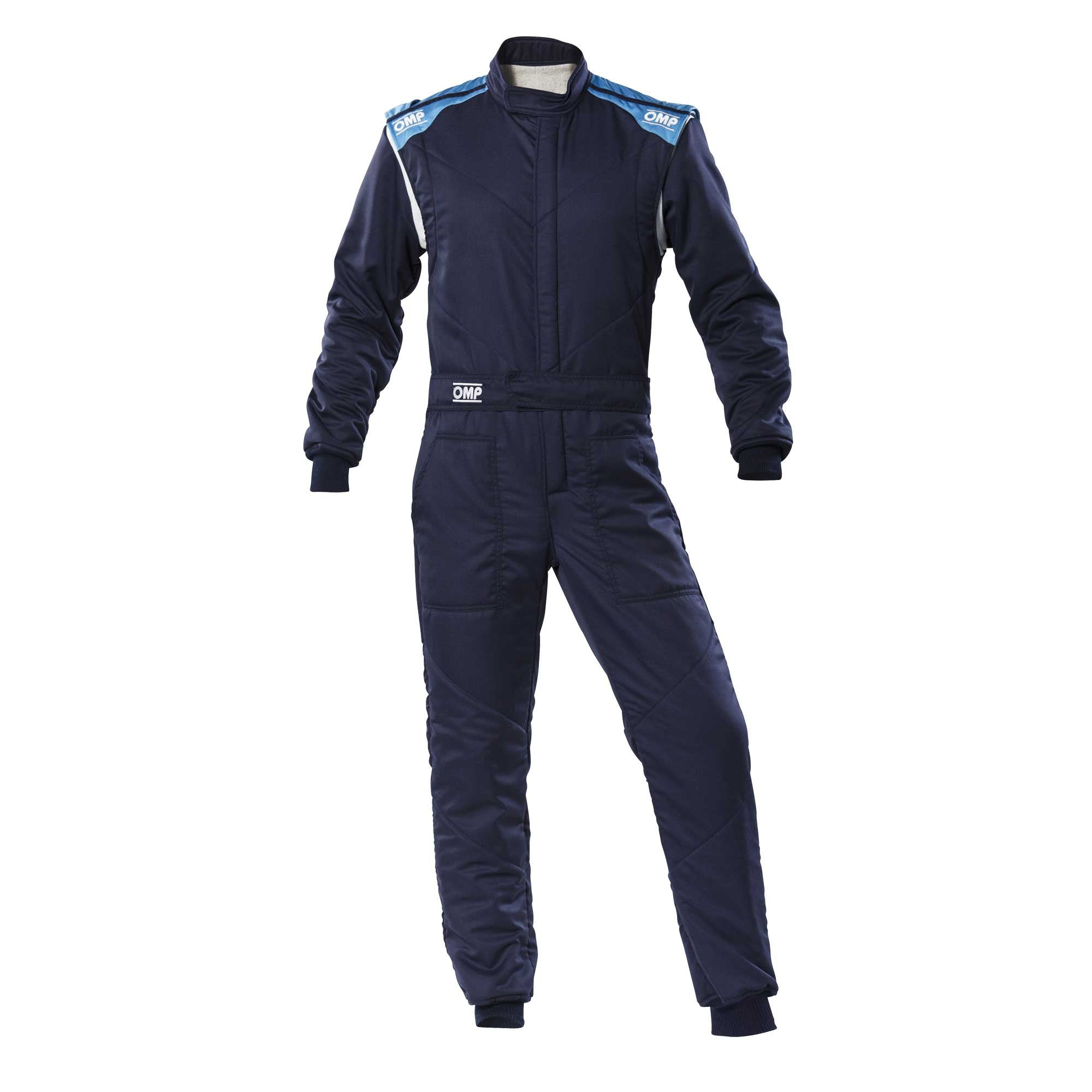 Navy racing suit with full-zip front, stand collar, long sleeves and matching pants.