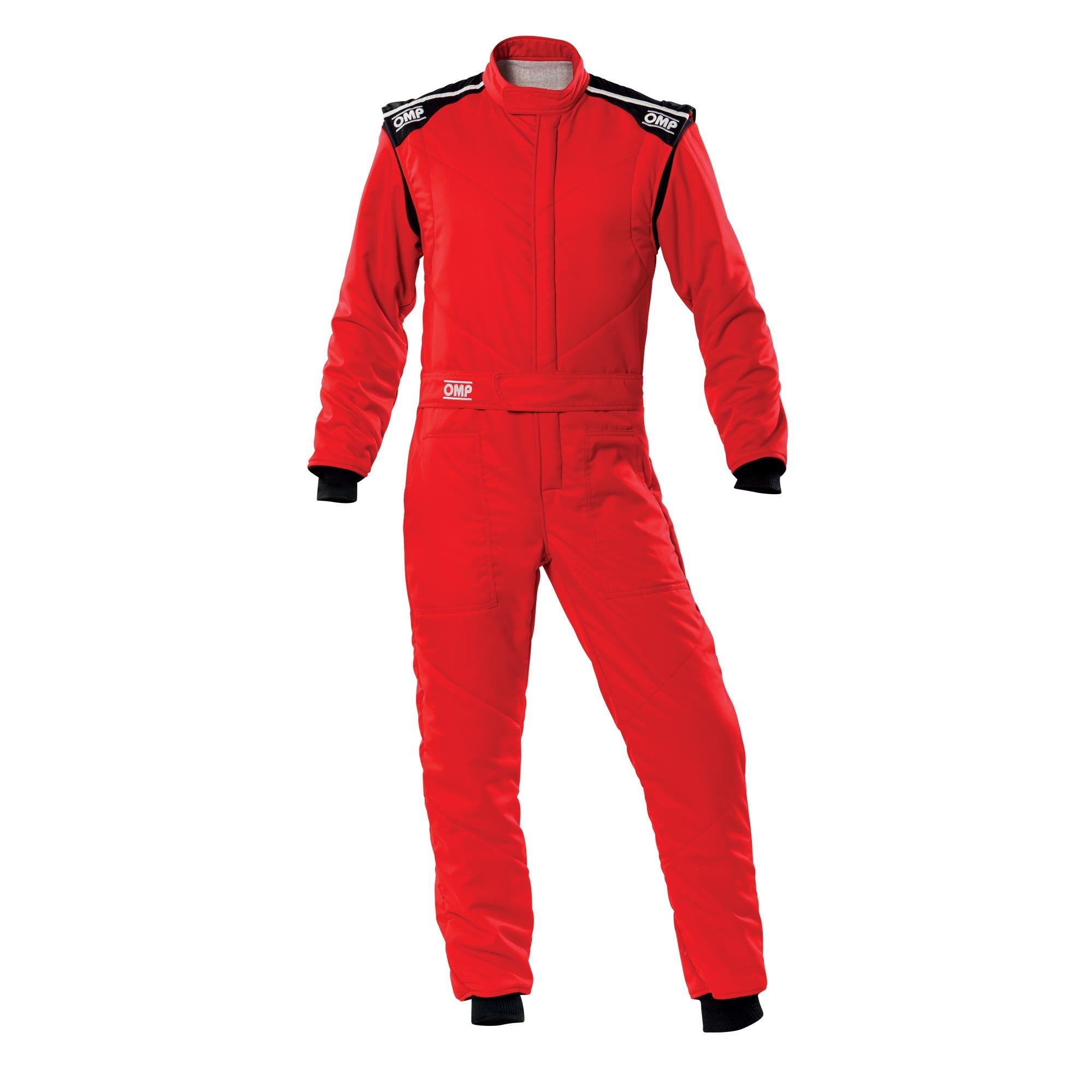Red racing suit with full-zip front, stand collar, long sleeves and matching pants.