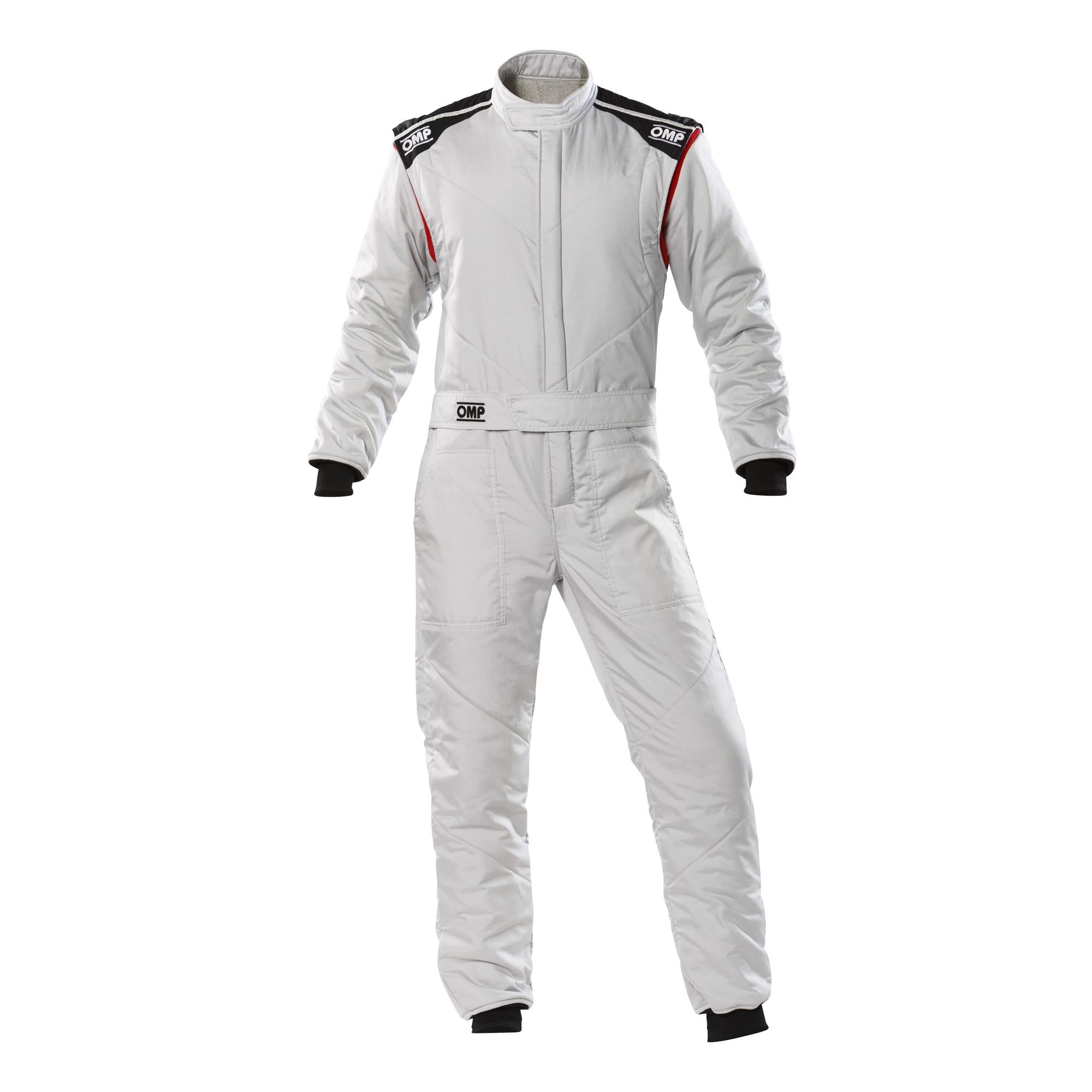 White racing suit with full-zip front, stand collar, long sleeves and matching pants.