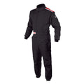 Black one-piece racing suit with high collar and long sleeves