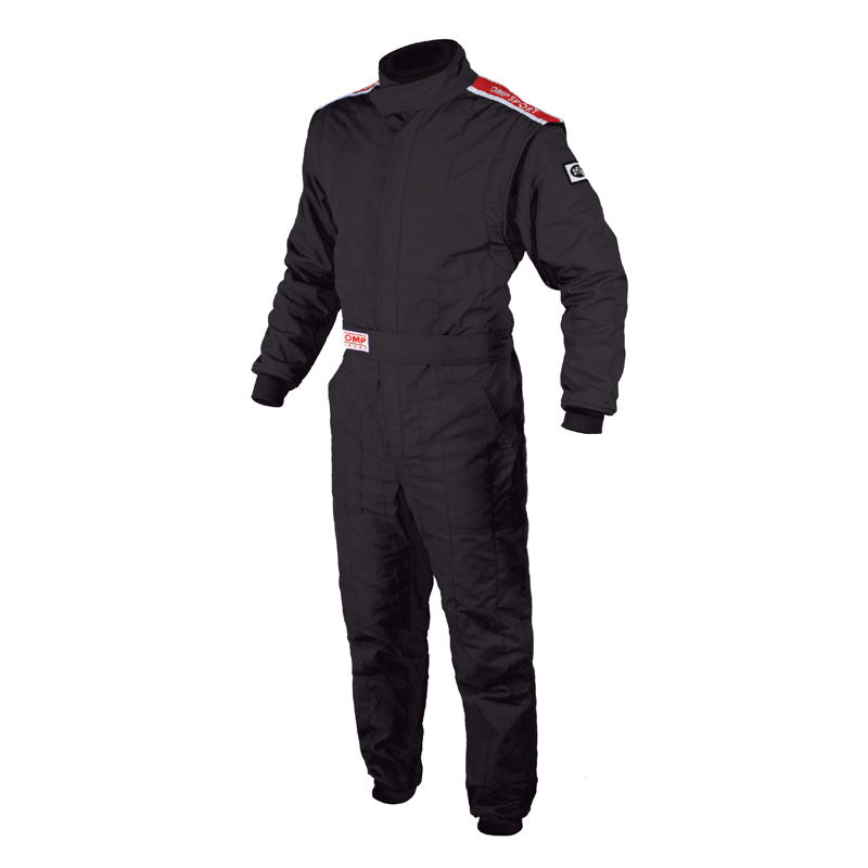 Black one-piece racing suit with high collar and long sleeves