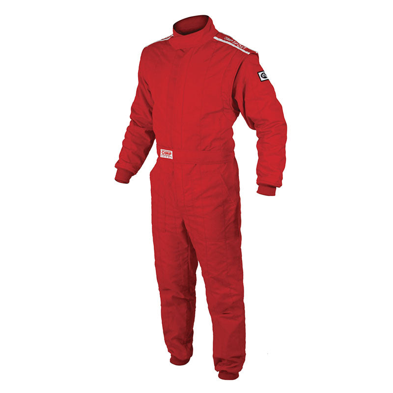 Red one-piece racing suit with high collar and long sleeves