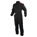 Black boot-cut racing suit with high collar and full front zipper