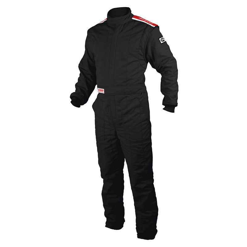 Black boot-cut racing suit with high collar and full front zipper