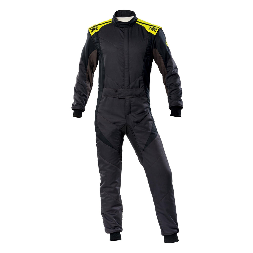 Black racing suit with yellow shoulder accents and front zipper
