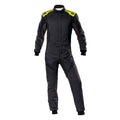 Black racing suit with yellow shoulder accents and front zipper