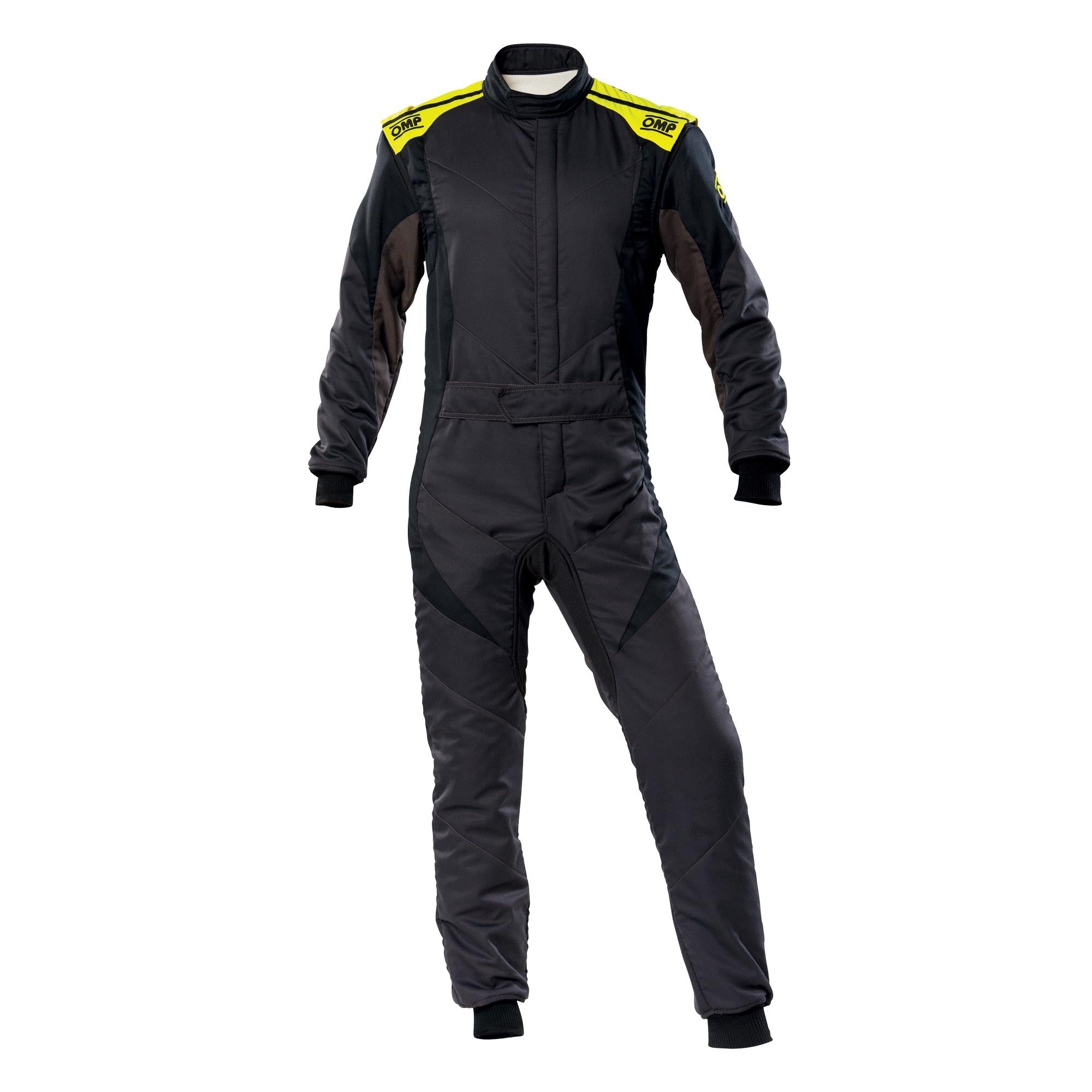 Black racing suit with yellow shoulder accents and front zipper