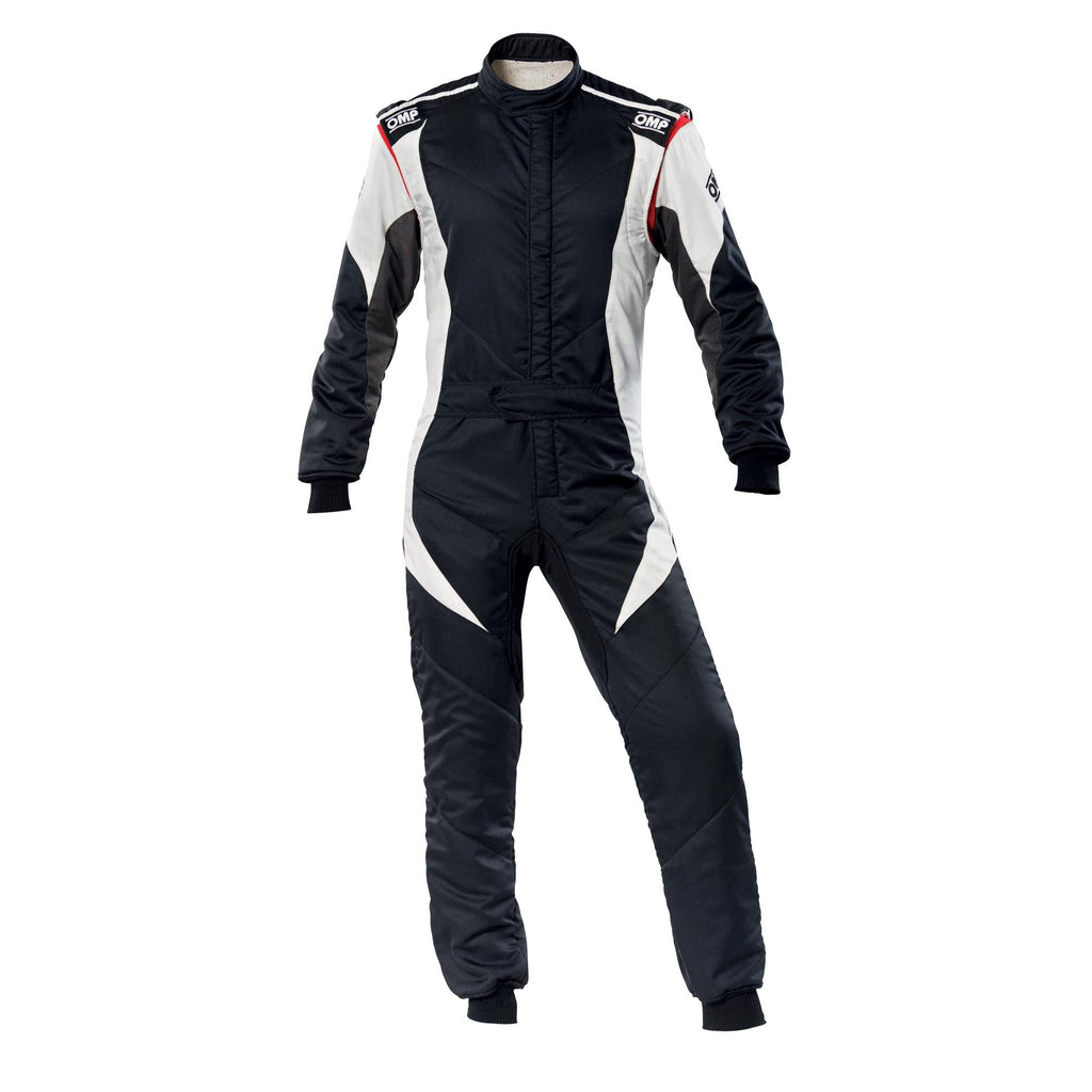 Dark racing suit with white side panels and front zipper