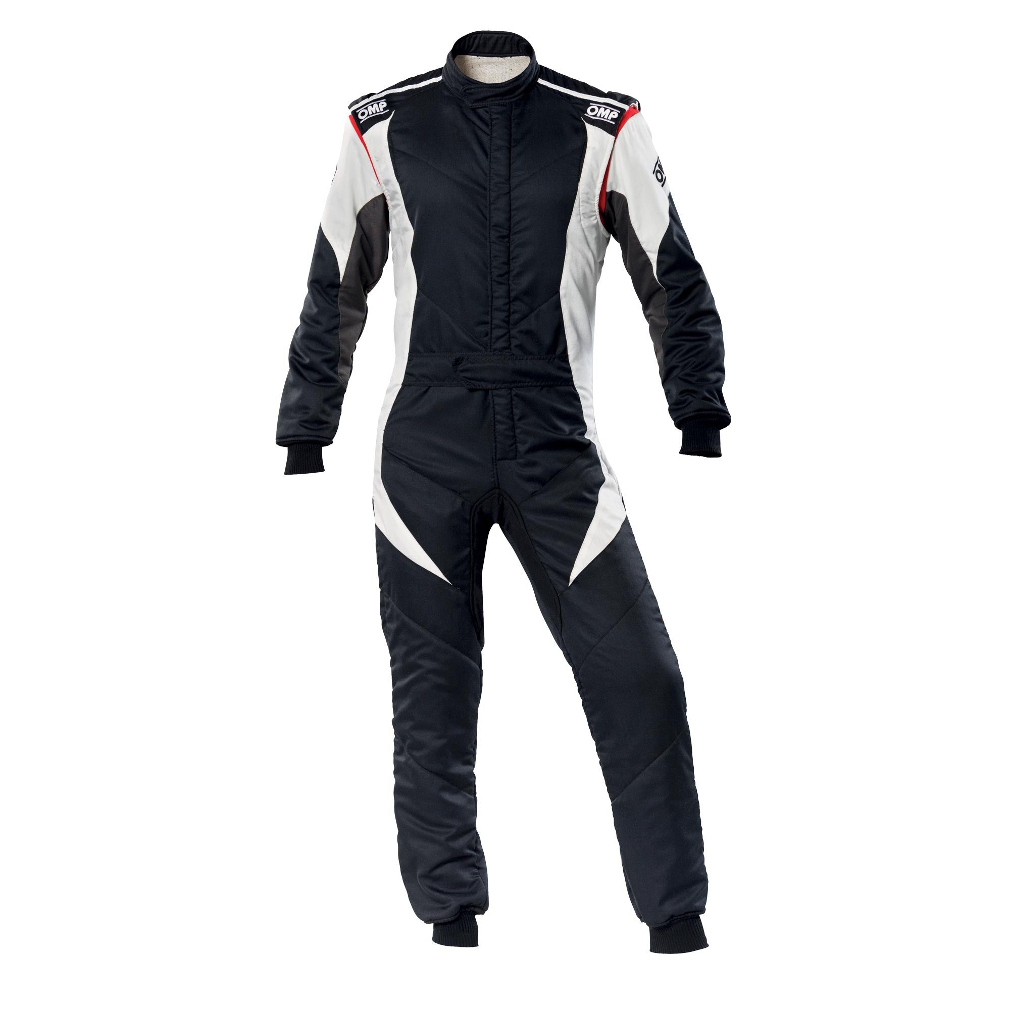 Dark racing suit with white side panels and front zipper