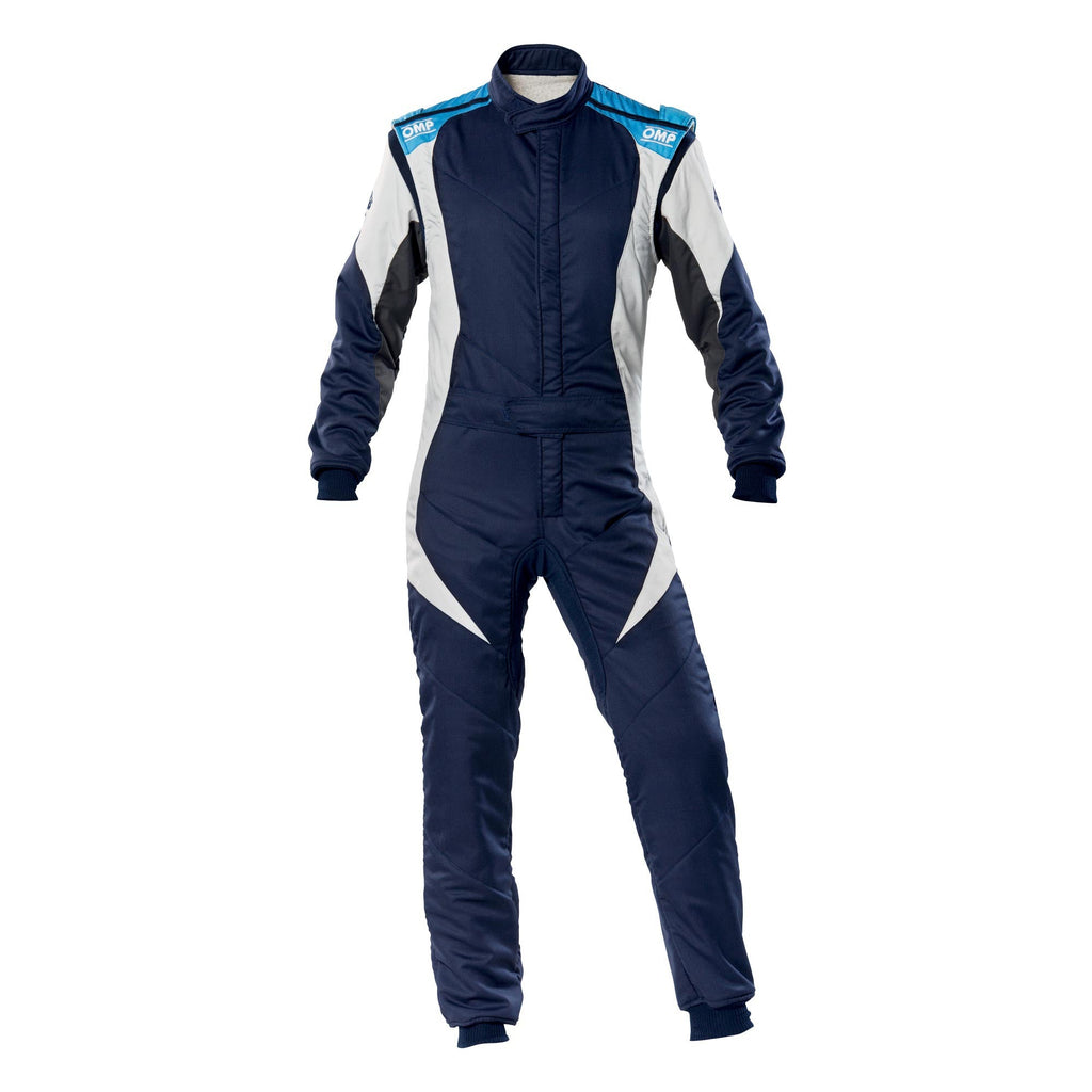Navy racing suit with white side panels and blue logo accents, front zip