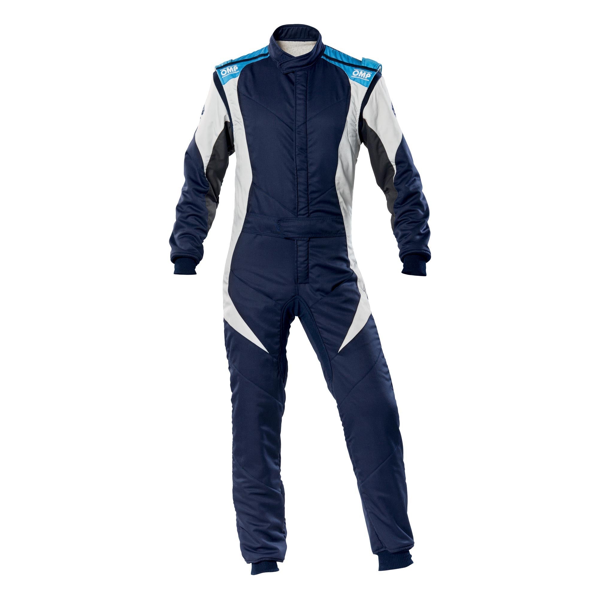 Navy racing suit with white side panels and blue logo accents, front zip