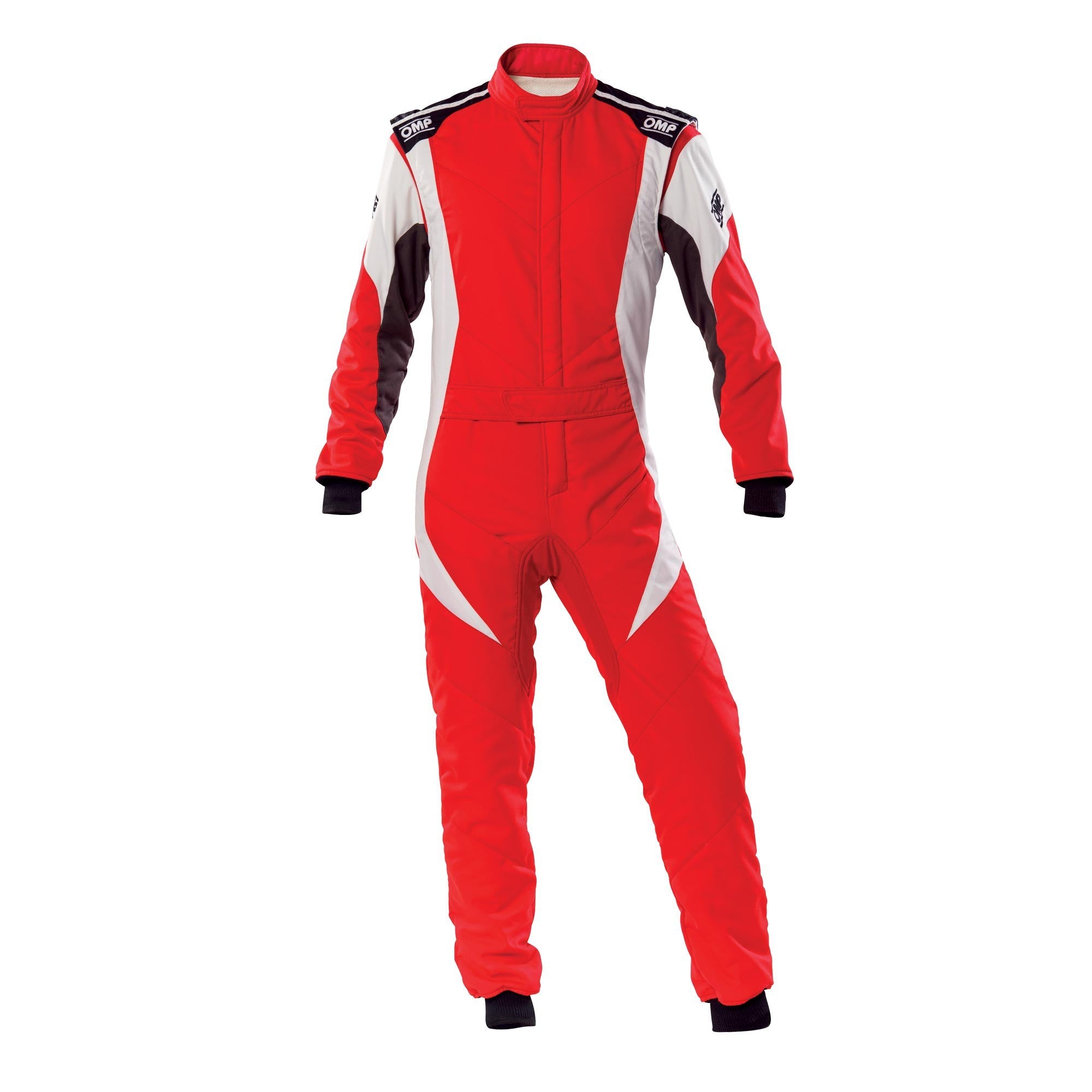 Red racing suit with white side panels and front zipper
