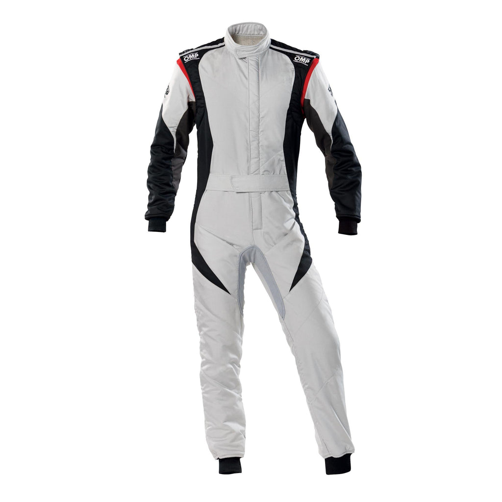 White racing suit with black panels and red/yellow shoulder accents, front zip