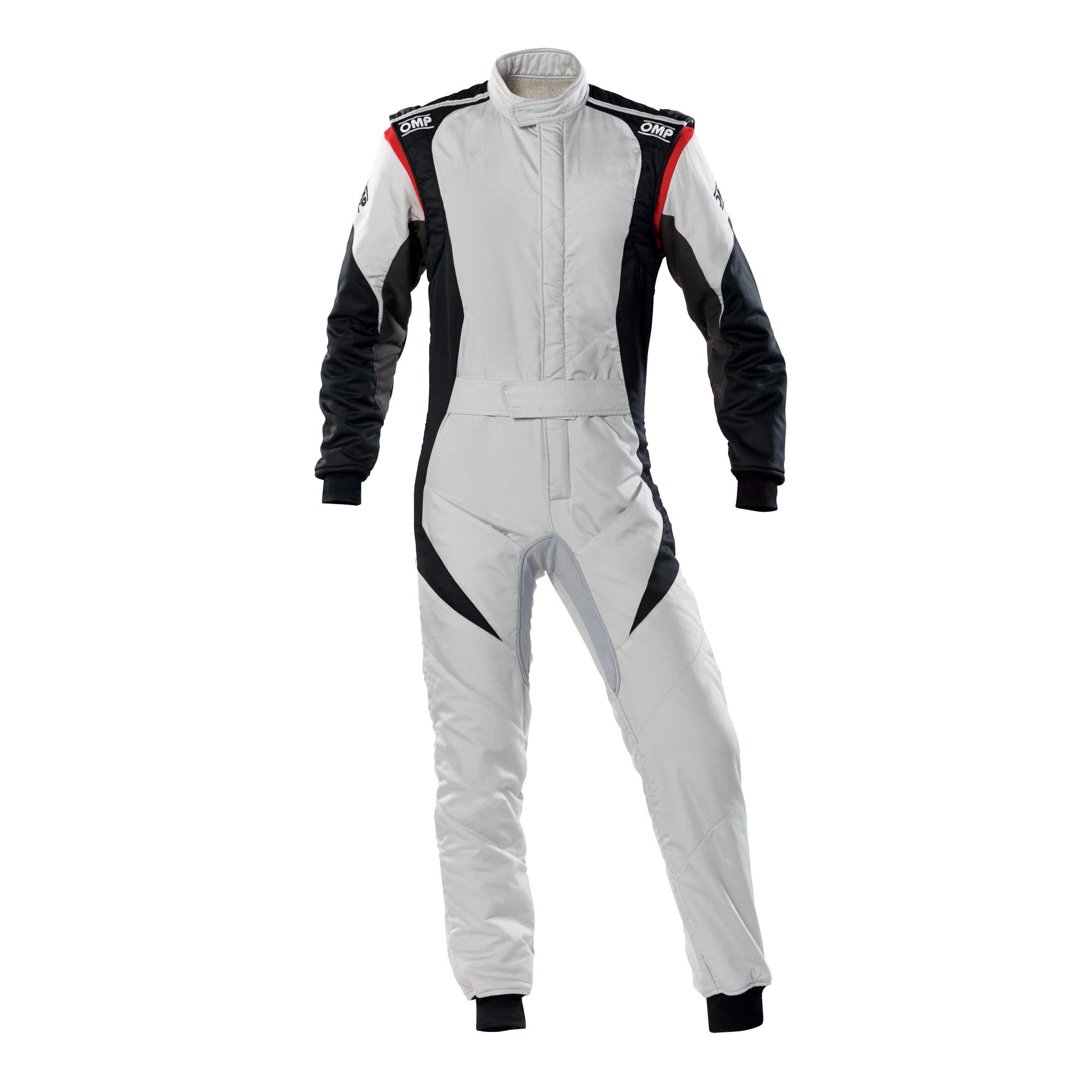 White racing suit with black panels and red/yellow shoulder accents, front zip