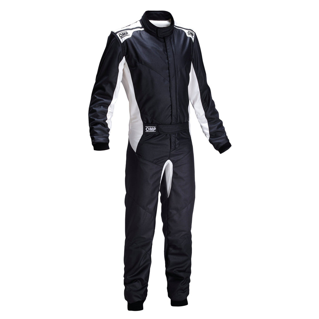 OMP One-S racing suit, black one-piece with zip front and white side panel stripes