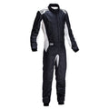 OMP One-S racing suit, black one-piece with zip front and white side panel stripes