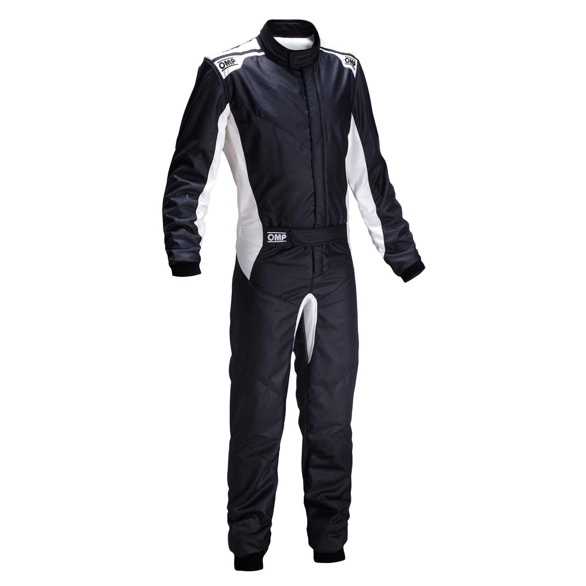 OMP One-S racing suit, black one-piece with zip front and white side panel stripes