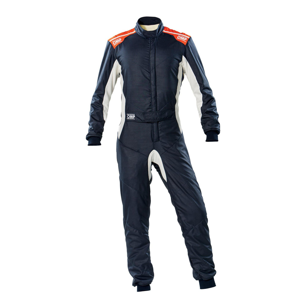 OMP One-S racing suit, dark navy one-piece with zip front and orange shoulder accents