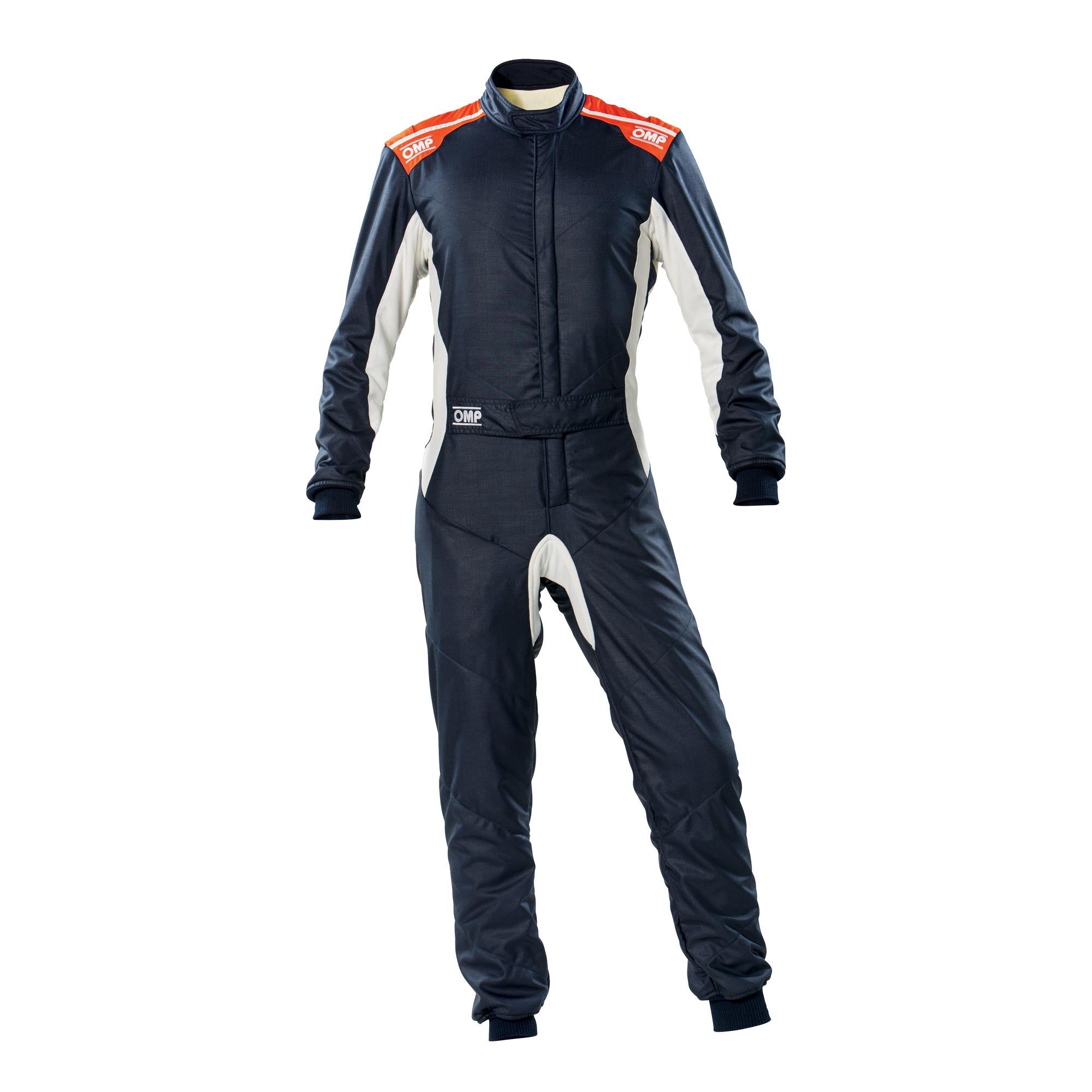 OMP One-S racing suit, dark navy one-piece with zip front and orange shoulder accents
