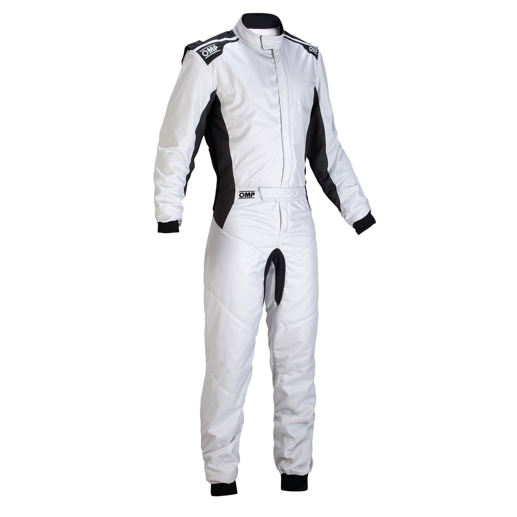 OMP One-S racing suit, white one-piece with zip front and dark side panels
