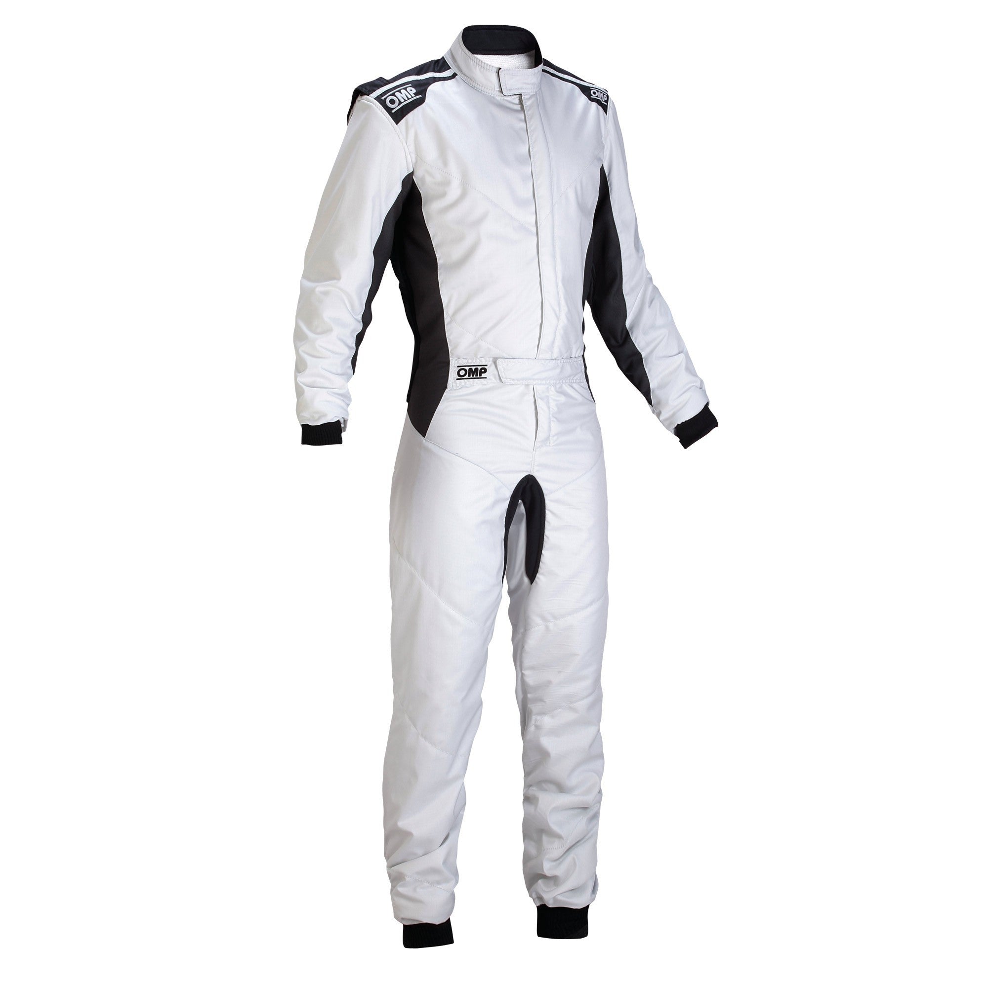 OMP One-S racing suit, white one-piece with zip front and dark side panels