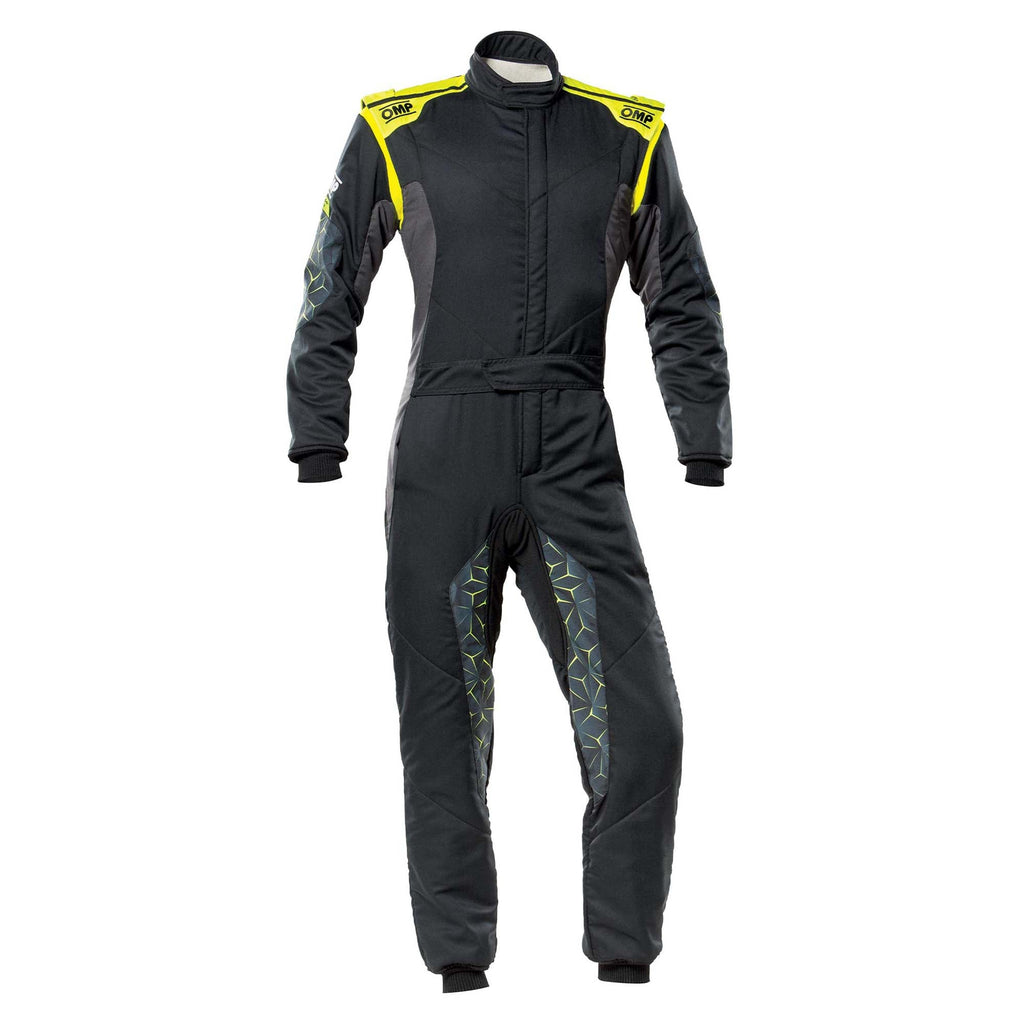 Black one-piece racing suit with full-zip, hooded collar, yellow shoulder accents