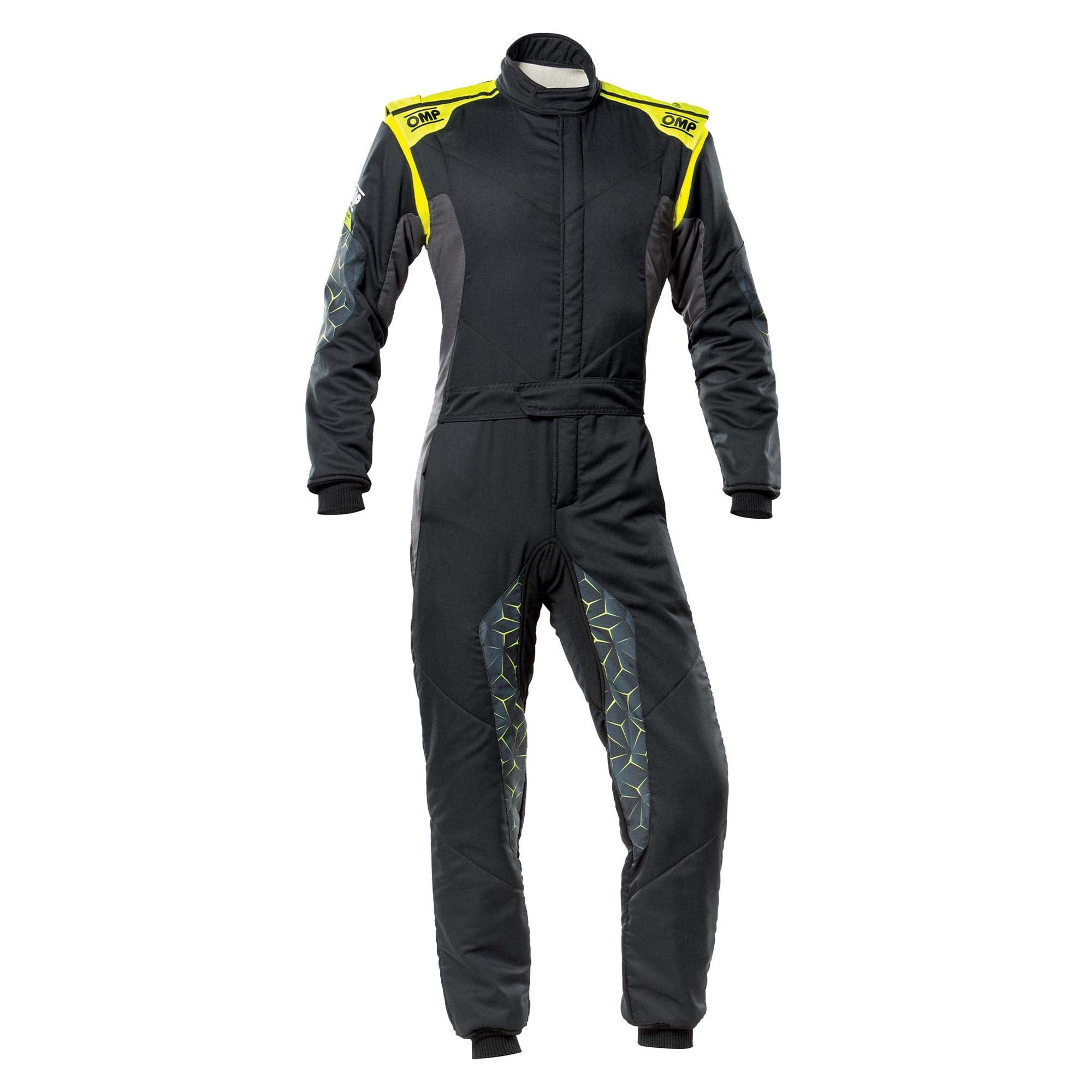 Black one-piece racing suit with full-zip, hooded collar, yellow shoulder accents
