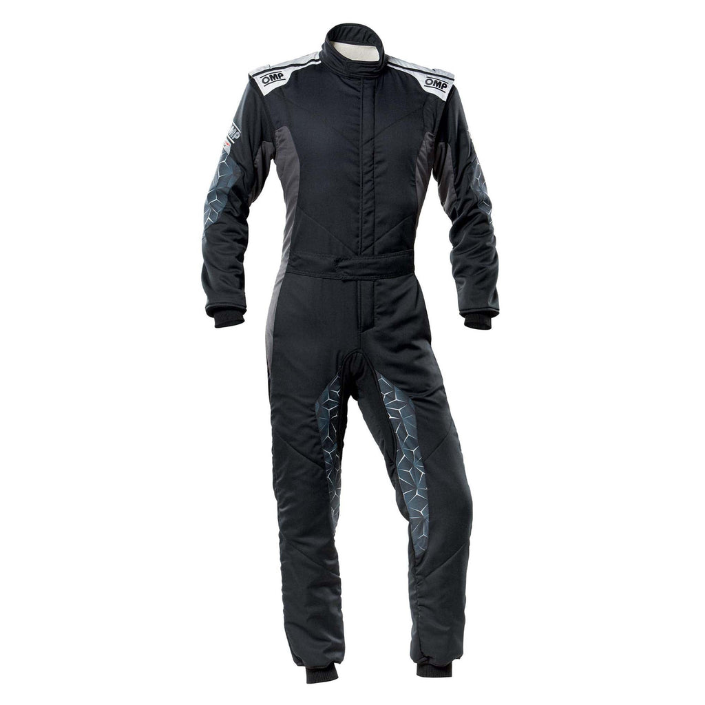 Black one-piece racing suit with full-zip, hooded collar, blue geometric leg panels