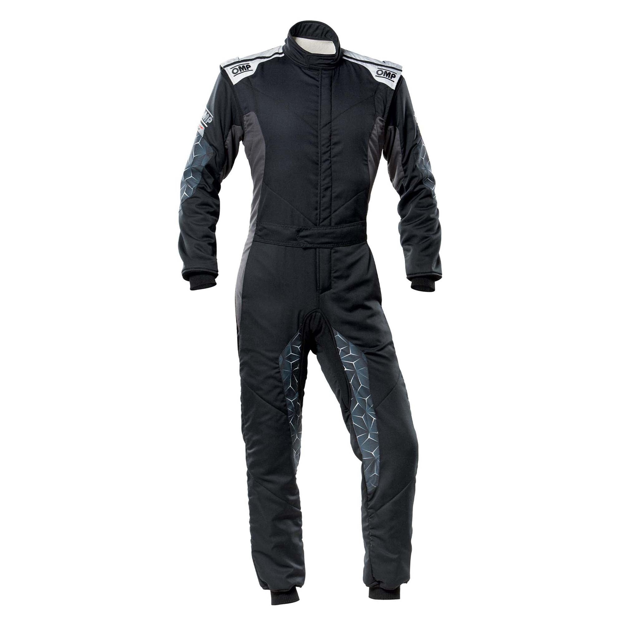 Black one-piece racing suit with full-zip, hooded collar, blue geometric leg panels