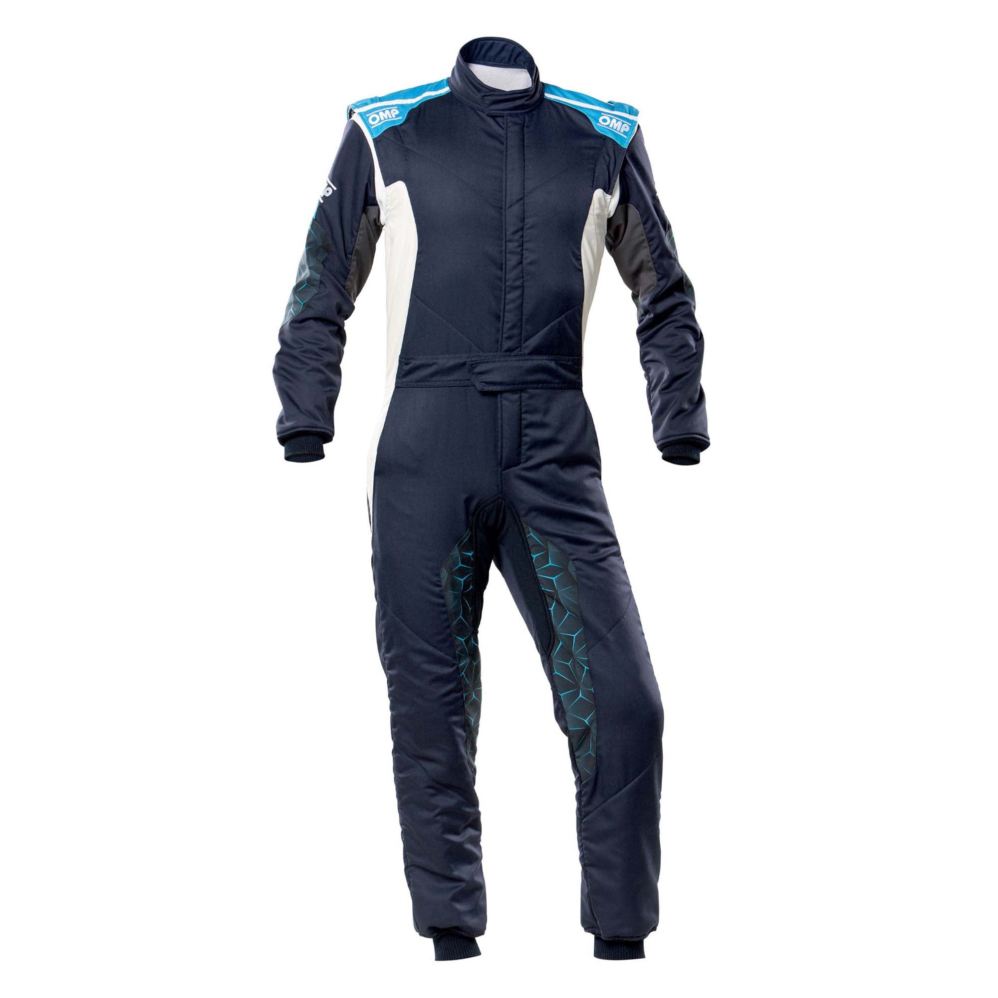 Navy one-piece racing suit with full-zip, hooded collar, blue geometric leg panels