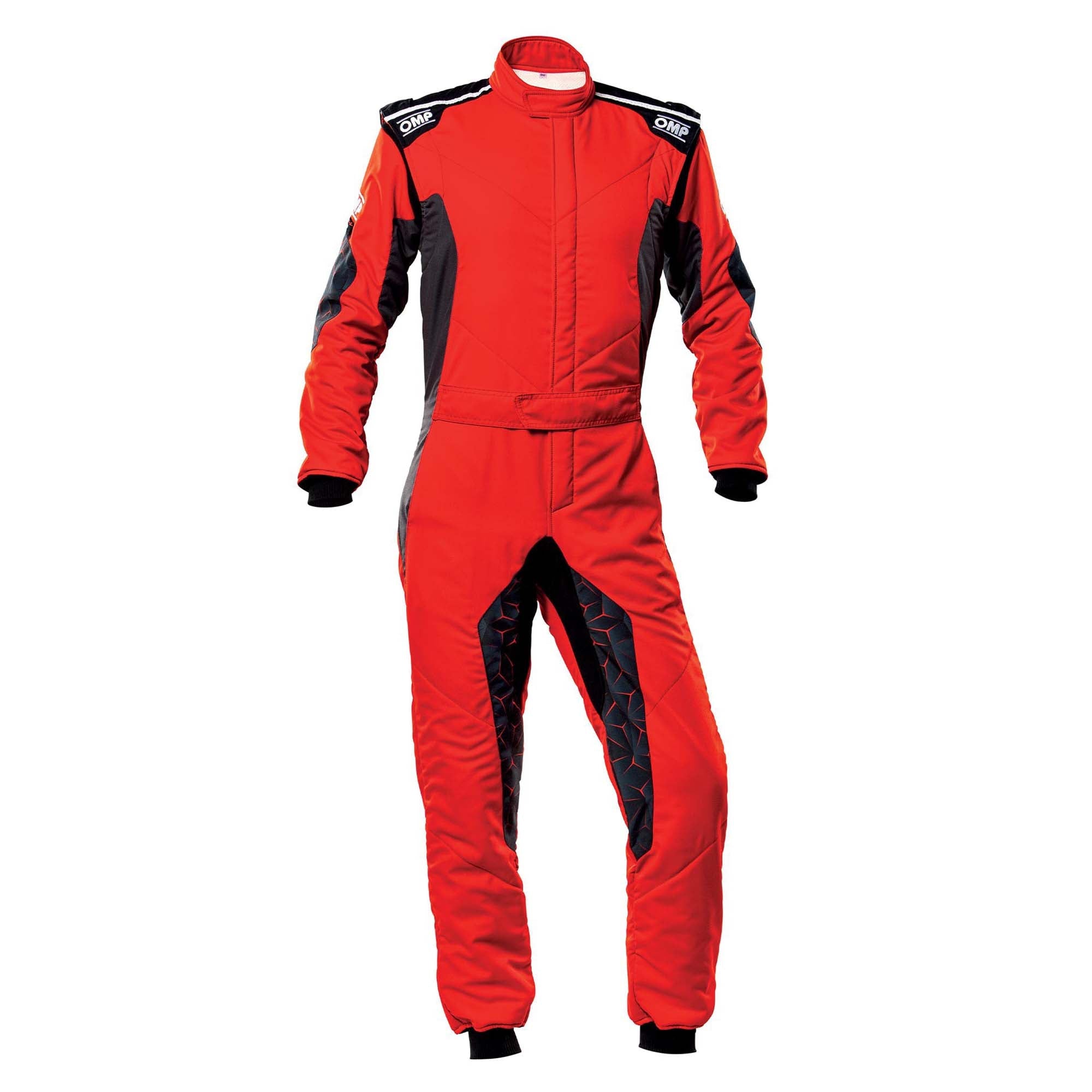 Red one-piece racing suit with full-zip, hooded collar, black side panels
