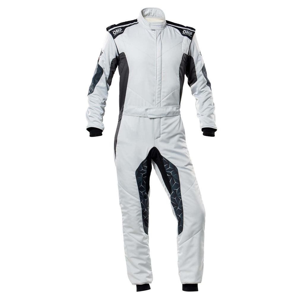 White one-piece racing suit with full-zip, hooded collar, black side and arm panels
