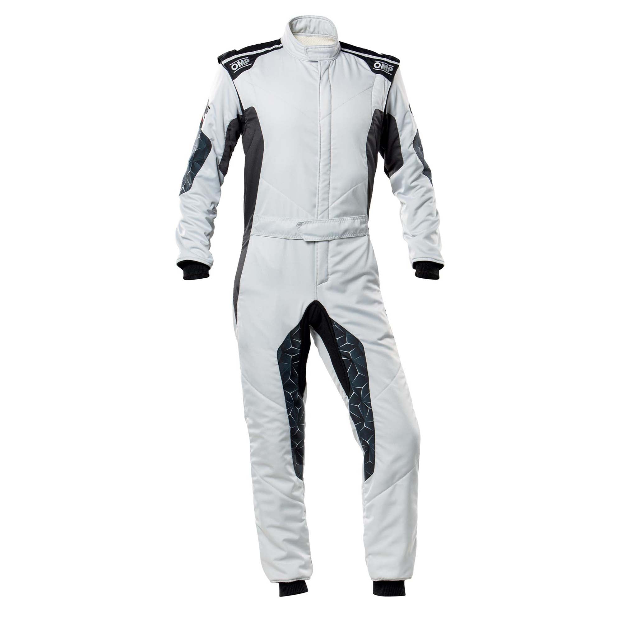 White one-piece racing suit with full-zip, hooded collar, black side and arm panels