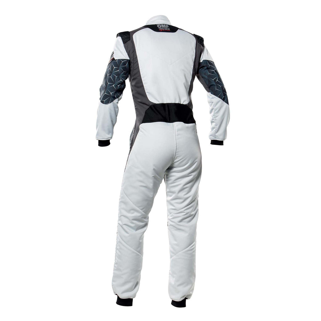 White one-piece racing suit, rear view, full-zip hooded collar, black shoulder panels