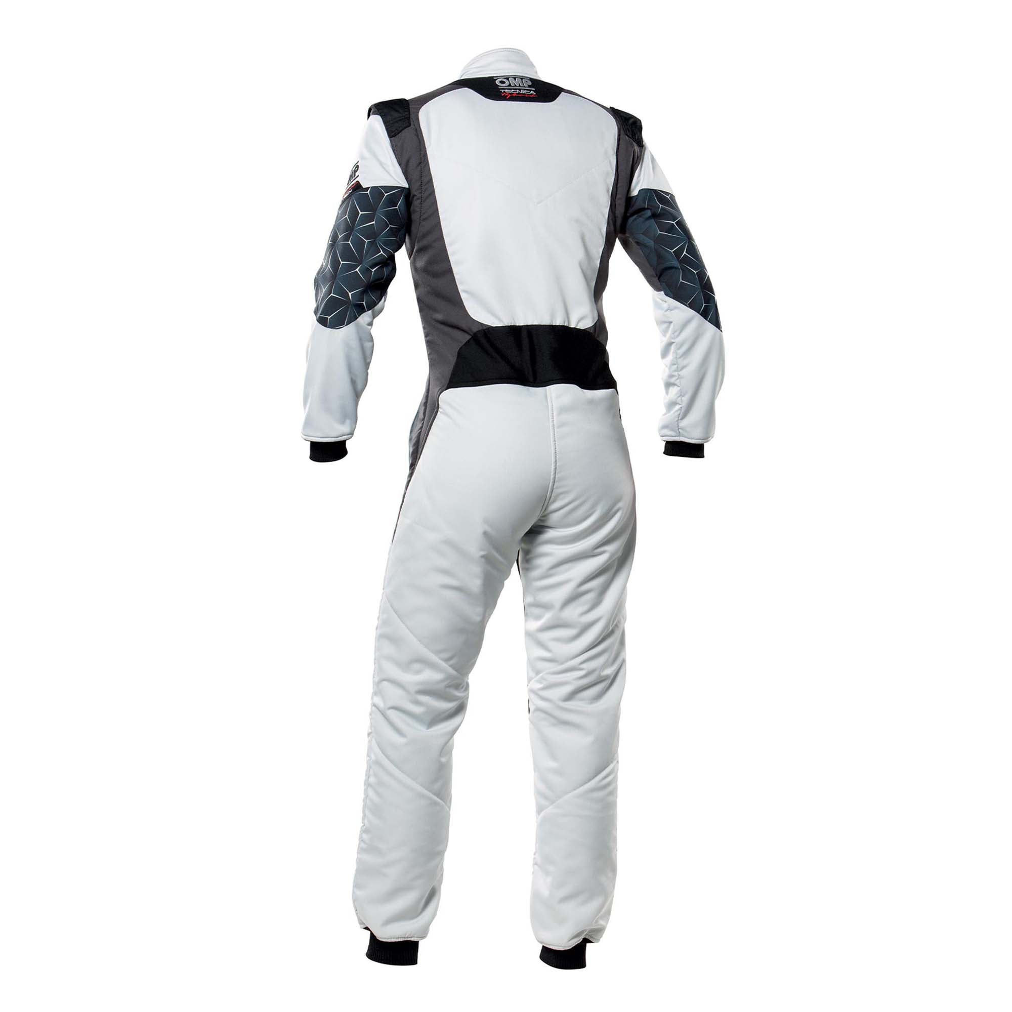 White one-piece racing suit, rear view, full-zip hooded collar, black shoulder panels