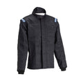 Black racing jacket with full-length front zipper and stand collar, ribbed cuffs