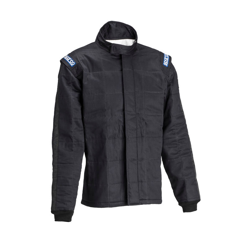 Black racing jacket with full-length front zipper and stand collar, ribbed cuffs