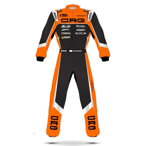 CRG go-kart racing suit, black with orange/white accents, sponsor prints on chest