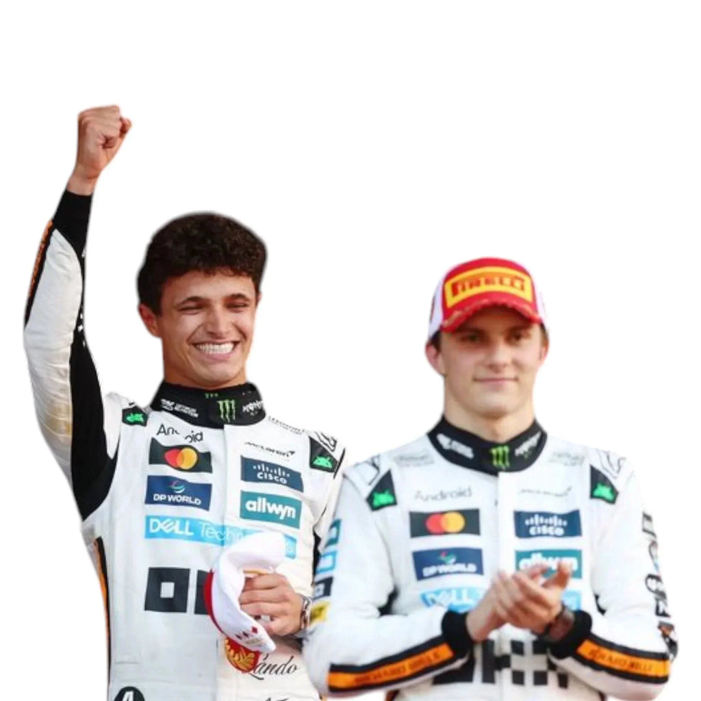 Endless Racegear 2025 McLaren F1 Monaco GP race suit replica displayed on two drivers in white suits with sponsor logos