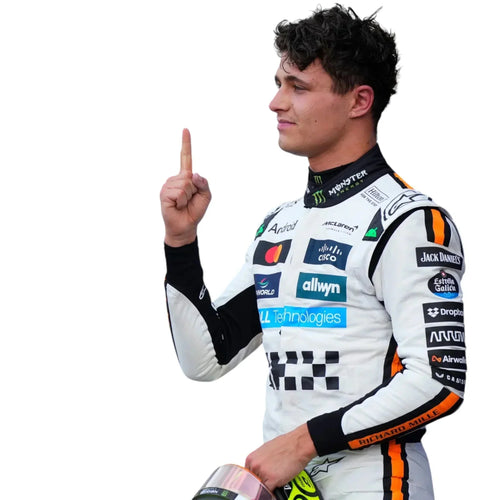 White racing suit with orange trim, black collar, and sponsor patches