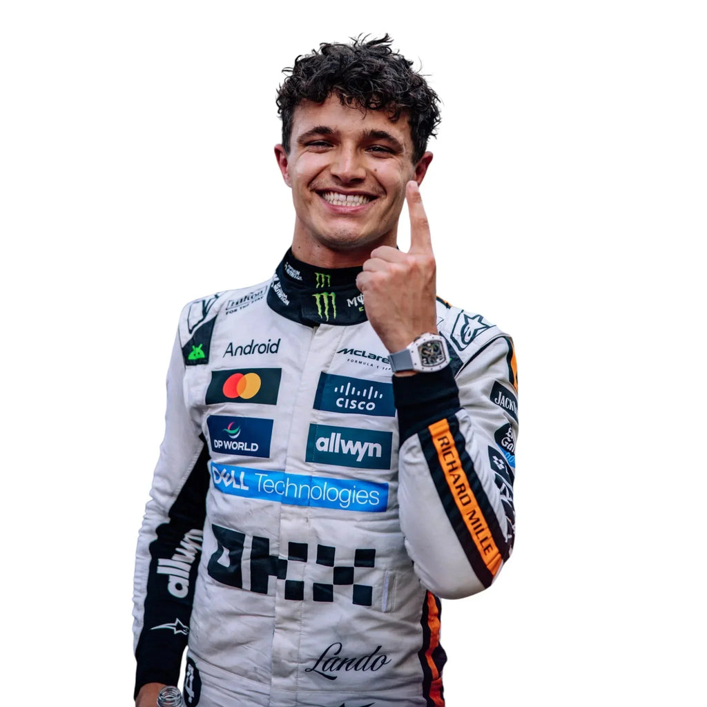 Smiling driver model wearing 2025 McLaren F1 Monaco GP race suit replica by Endless Racegear in white and papaya orange