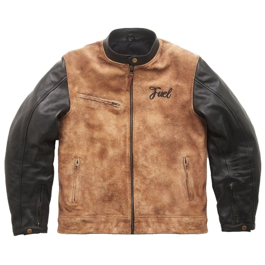 Fuel tan and black leather jacket with stand collar, zip front, and chest and waist pockets