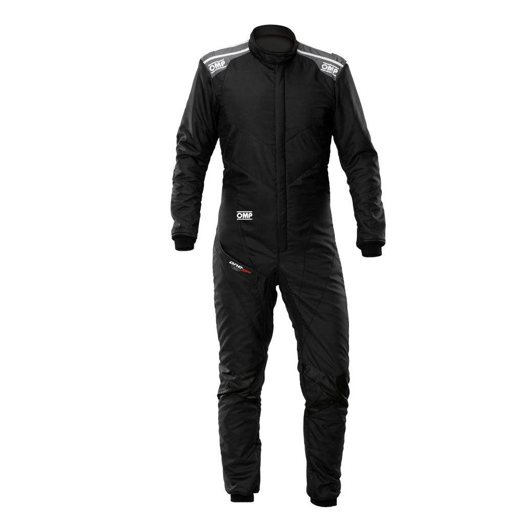 Black one-piece racing suit with front zip, ribbed collar, and padded leg panels